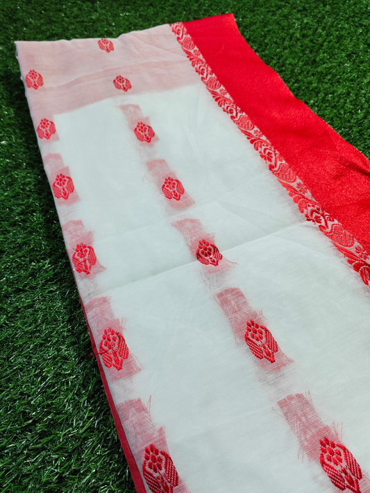 New red and white cotton saree for women