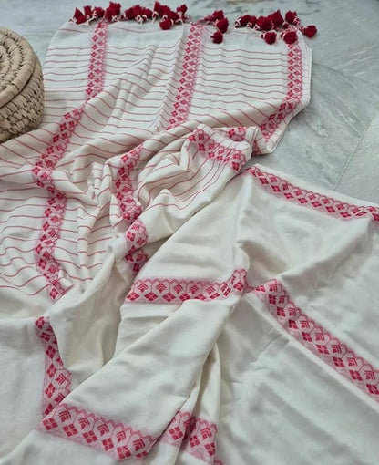 White and red saree for women