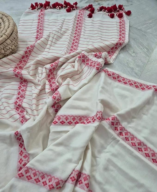 White and red saree for women