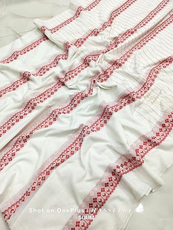 White and red saree for women