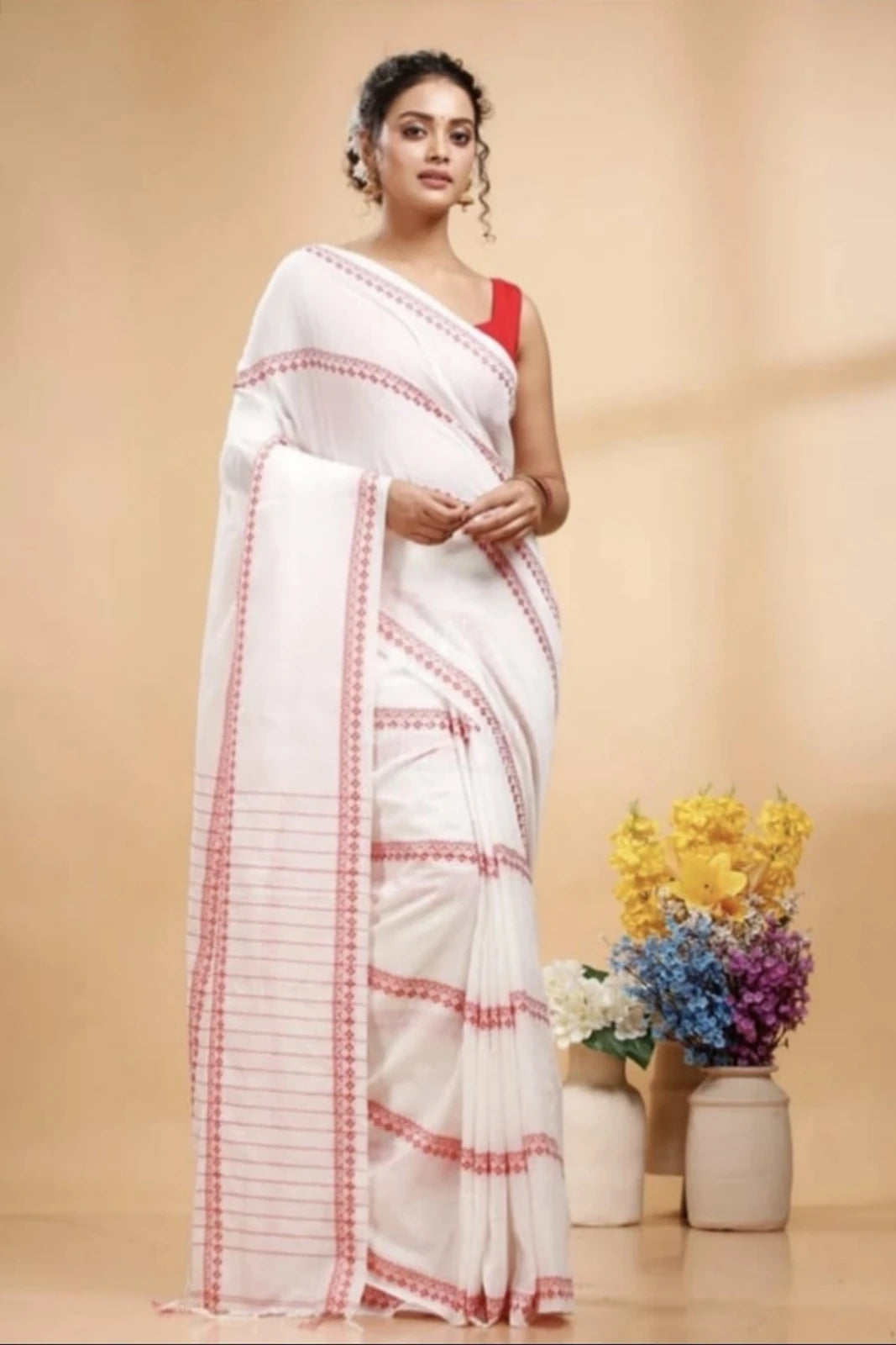 White and red saree for women