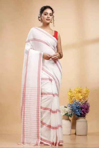 White and red saree for women
